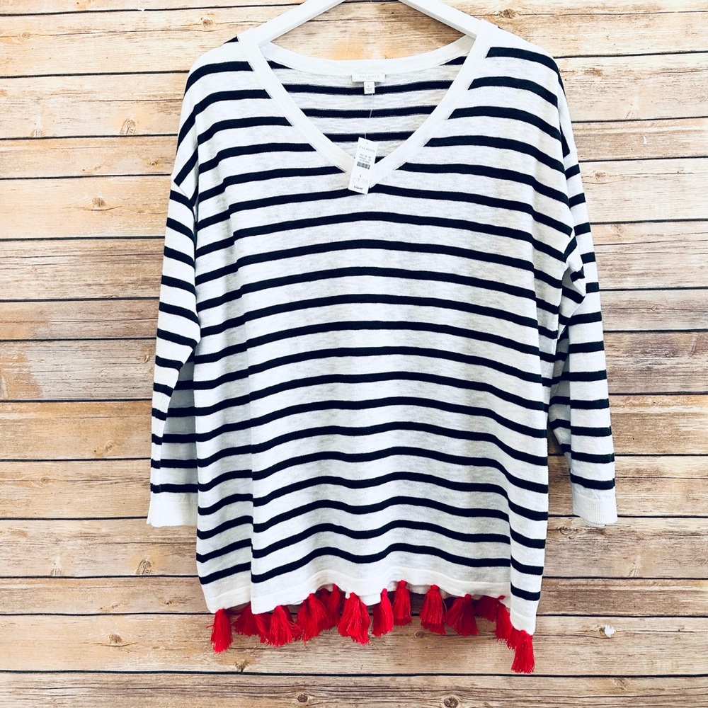 Talbots Sweater Women’s Large Stripe Tassel Hem V-Neck Pullover Nautical NWT